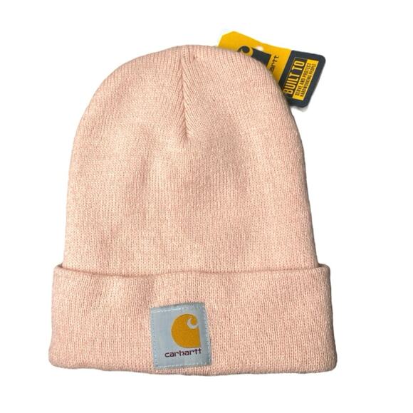 NEW Carhartt Women's Pink Knit Cuffed Fold Up Logo Patch Beanie Cap Hat One Size - Picture 1 of 4